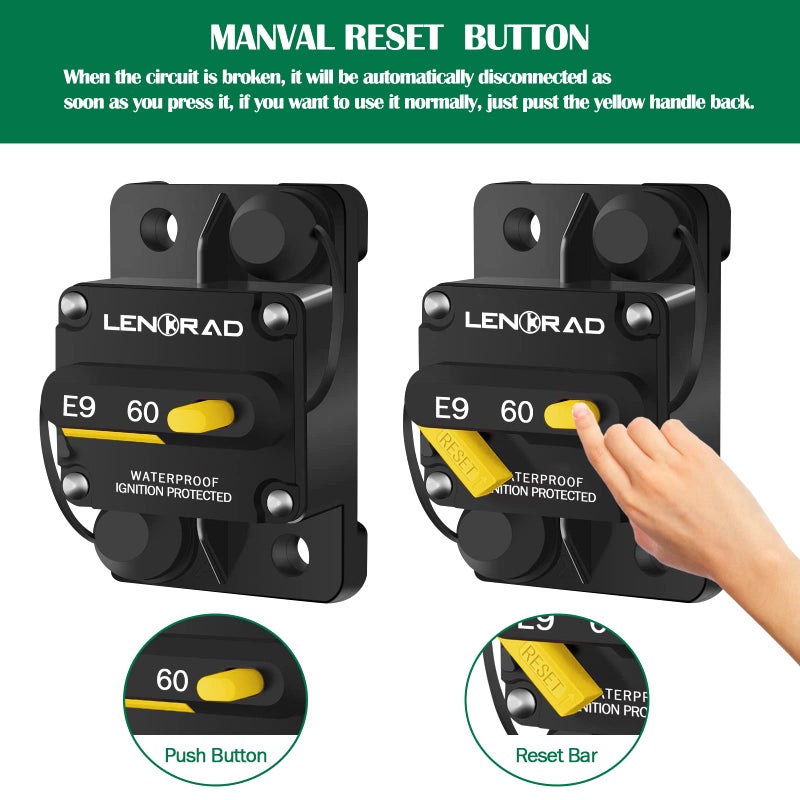 LENKRAD 60amp Marine Circuit Breaker Resettable 60A with Manual Reset Switch Button for Boat Trolling RV Yacht, 12V - 48V DC, Waterproof, Surface Mount(60 Amp Boat Circuit Breaker) - Image 4